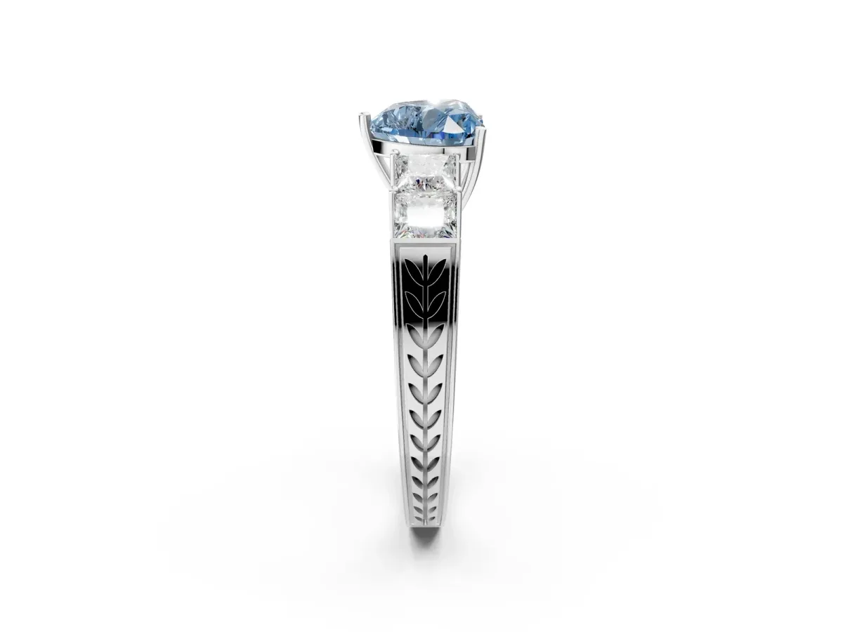 Fancy Blue Heart Cut Solitaire Princess Side Stone Engraved Band Prong Setting Ring Silver