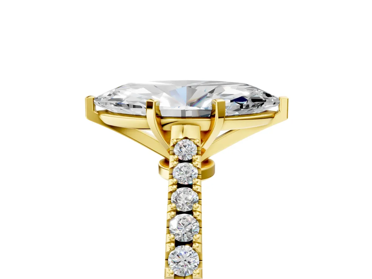 Marquise Cut Cut Solitaire Diamond Engagement Ring with Pave Band and Four-Prong Setting Yellow gold