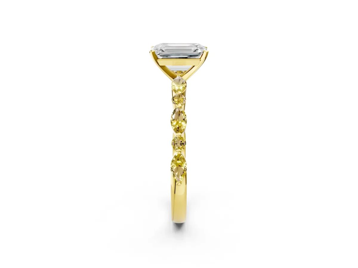 Emerald Cut Diamond Ring with Marquise and Round Yellow Sapphire Side Stones and Four-Prong Setting Yellow gold