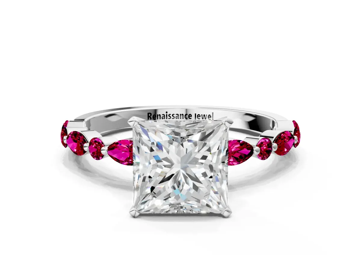 Princess Cut Diamond Ring with Marquise and Round Garnet Side Stones and Four-Prong Setting White gold