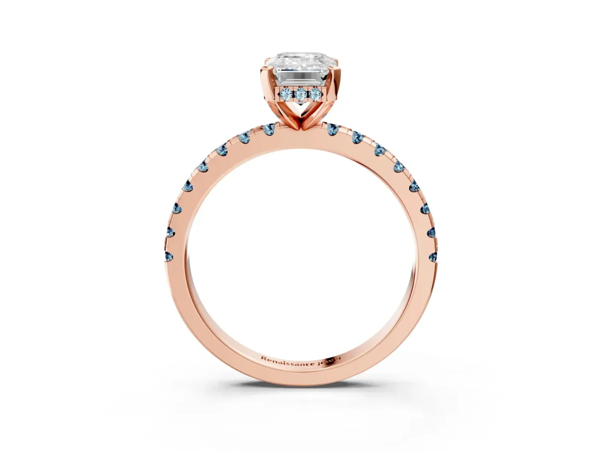 Emerald Cut Diamond Solitaire Ring with Round Aquamarine Pavé Band and Four-Prong Setting Rose gold