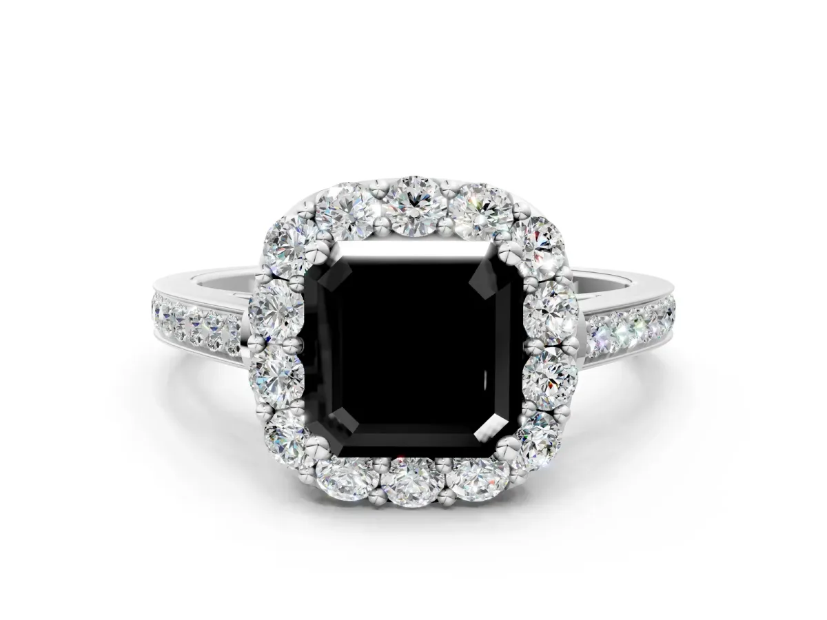 Fancy Black Asscher Cut Diamond Floral Halo Ring with Pavé Band and Prong Setting Platinum