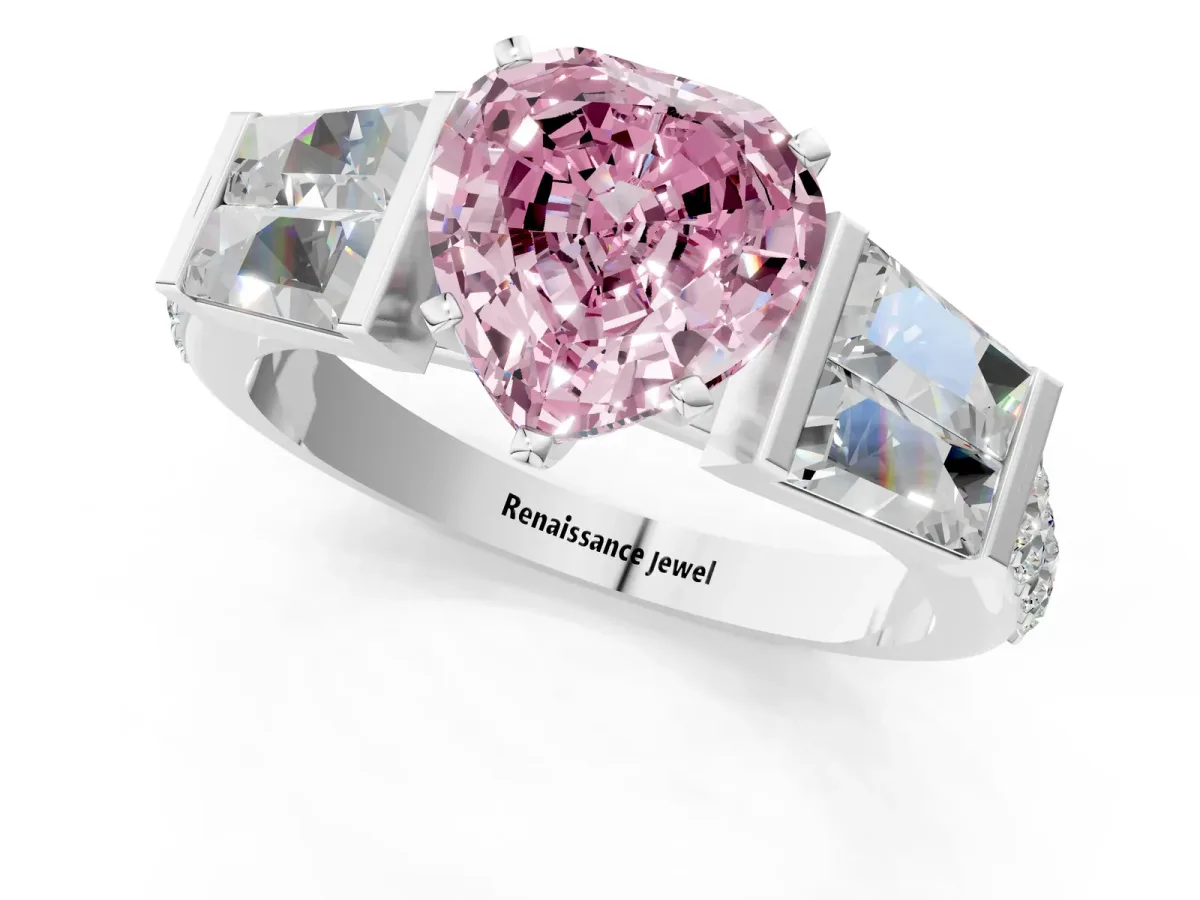 Fancy Pink Heart Cut Diamond Engagement Ring with Baguette Side Stones and Channel Set Band Platinum
