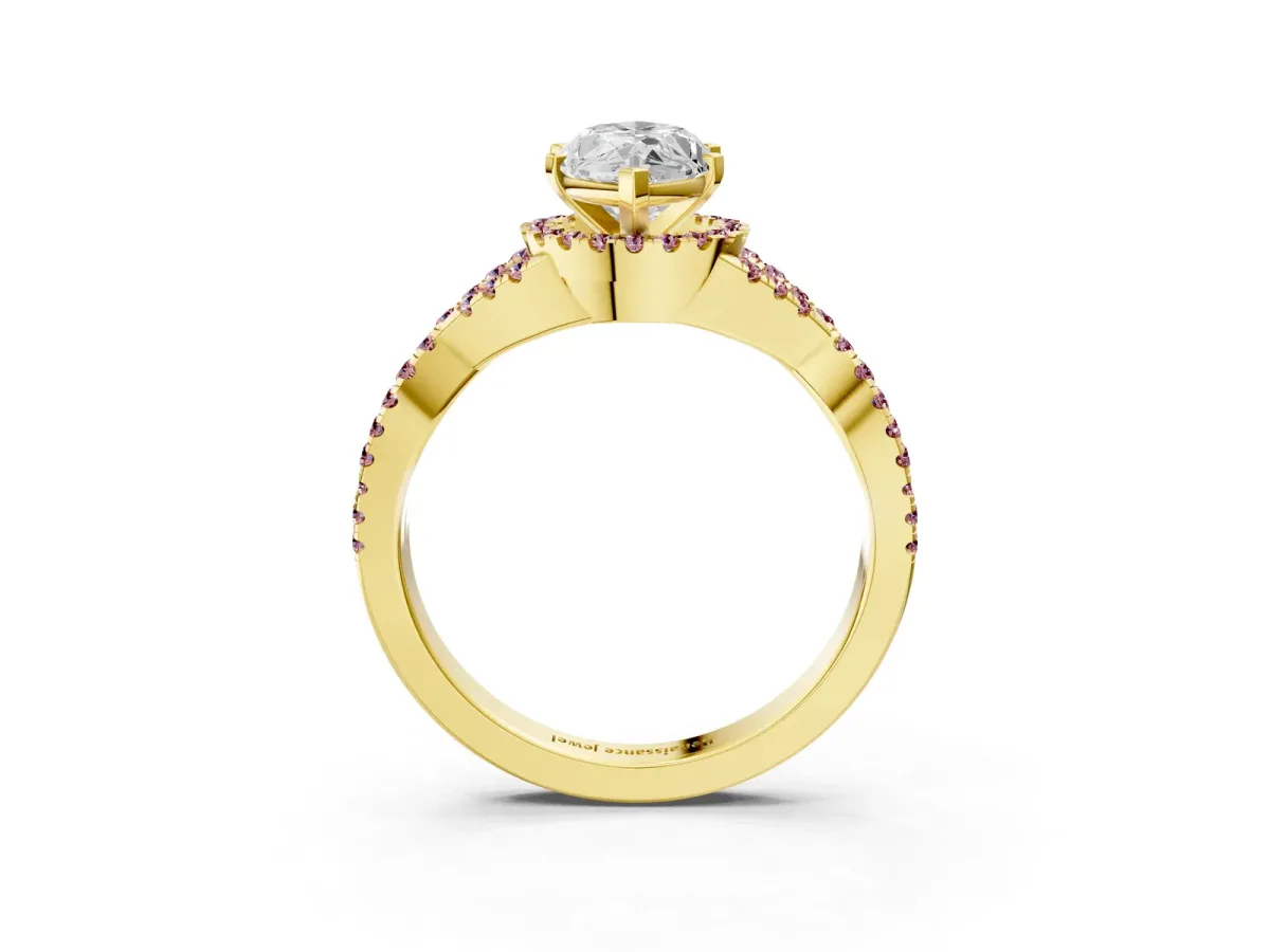Heart Cut Diamond Morganite Halo Twist Band Solitaire Prong Setting Ring Yellow gold