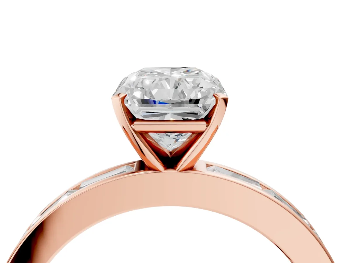 Radiant Cut Solitaire Diamond Ring with Channel-Set Baguette Band and Four-Prong Setting Rose gold