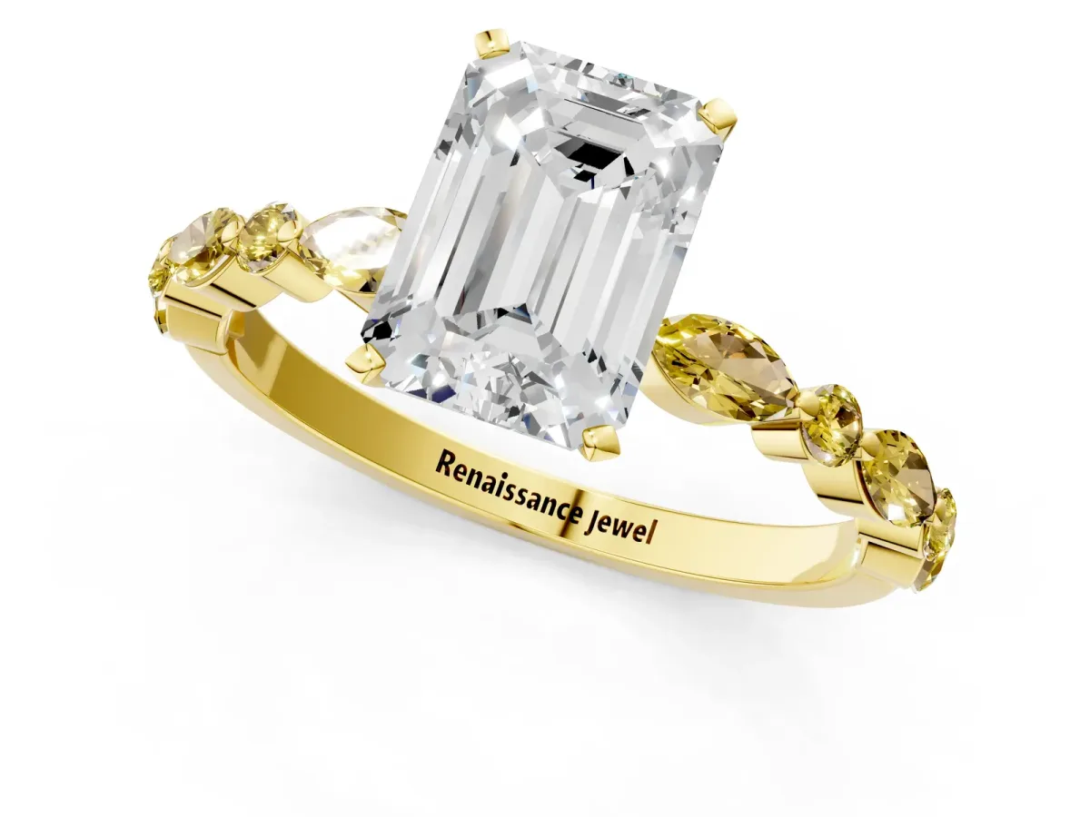 Emerald Cut Diamond Ring with Marquise and Round Yellow Sapphire Side Stones and Four-Prong Setting Yellow gold