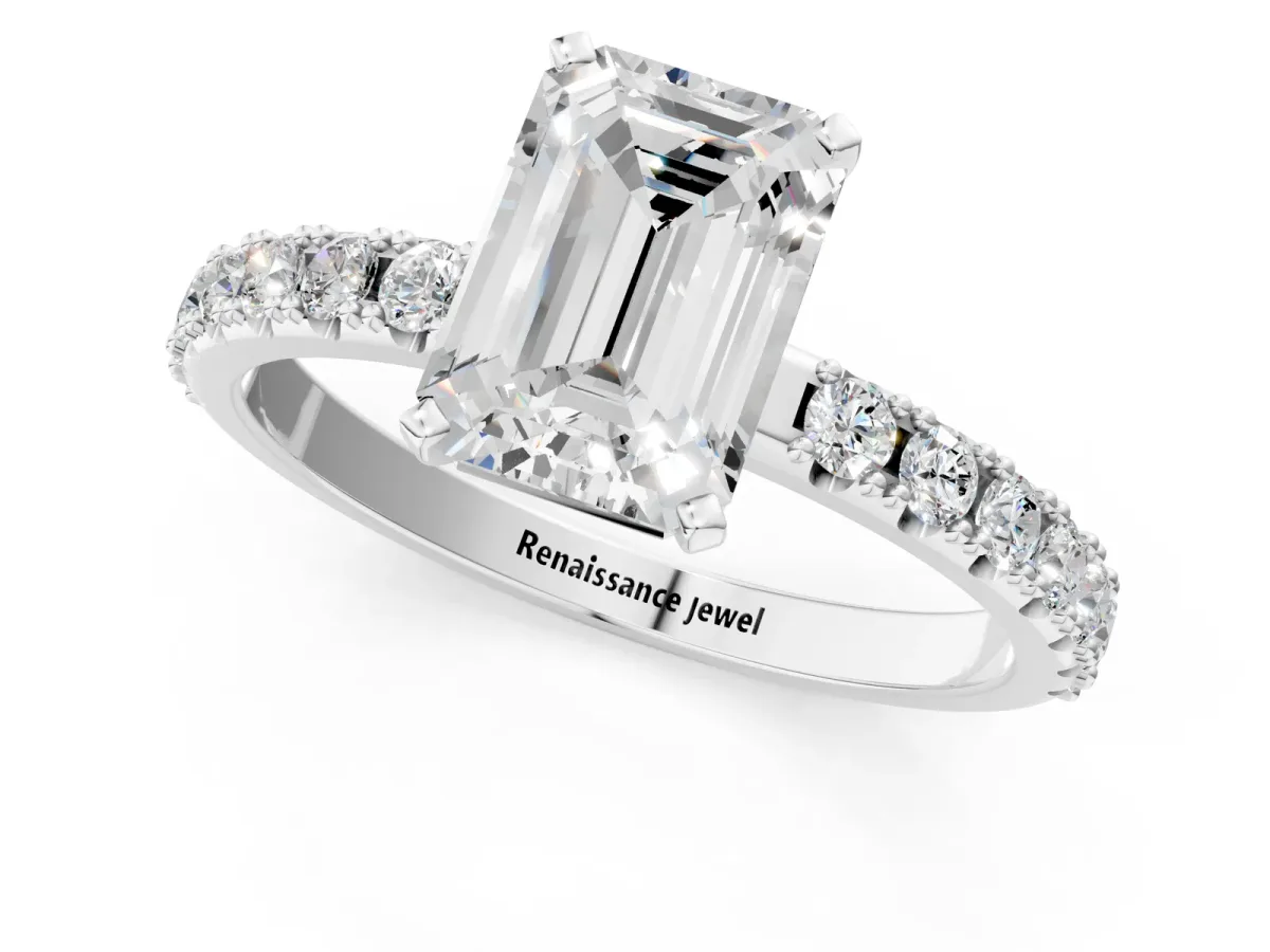 Emerald Cut Diamond Solitaire Pavé Band with Four-Prong Setting White gold