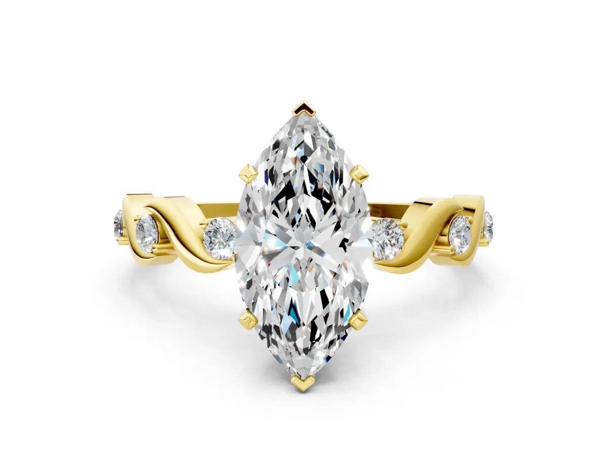 Marquise Cut Diamond Solitaire Twisted Band with Round Accents and Prong Setting Yellow gold