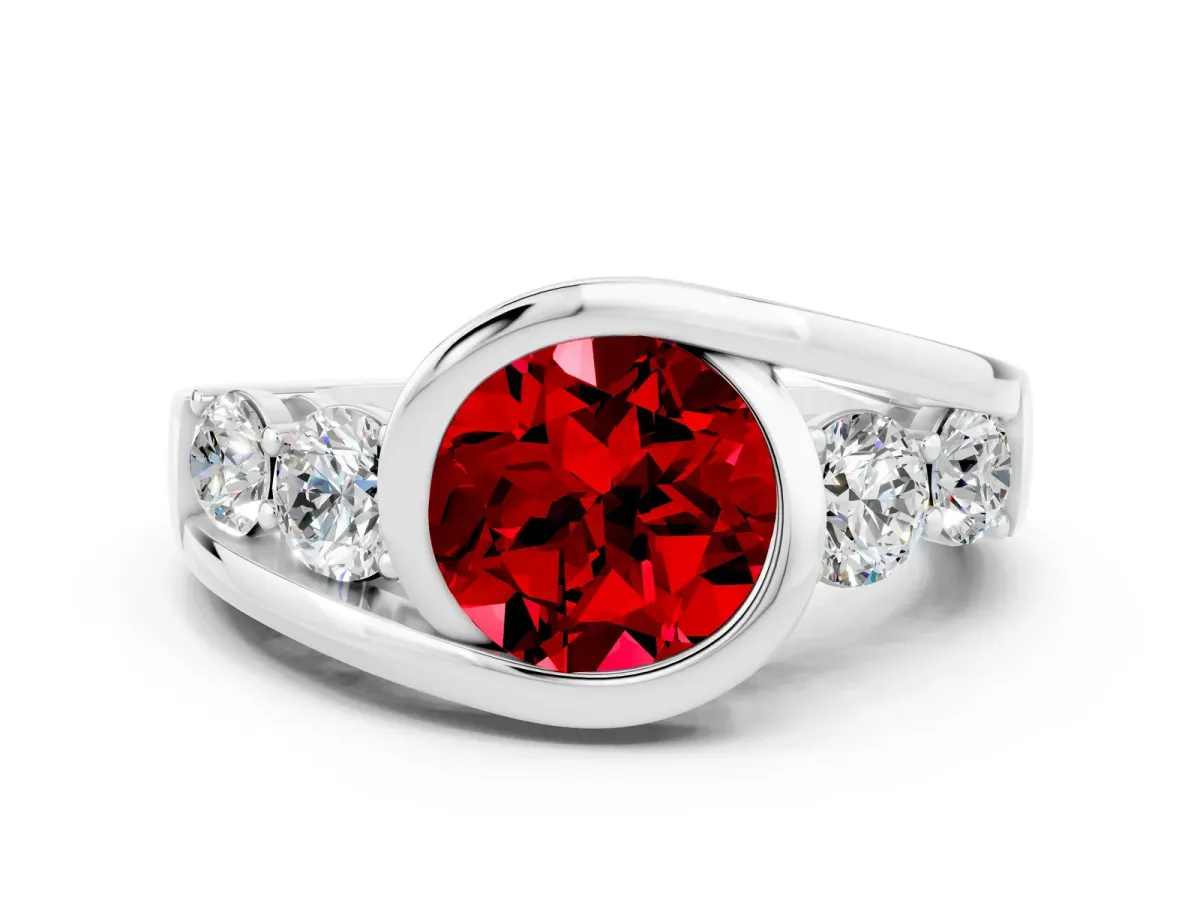 Bezel Set Round Cut Ruby Bypass Ring with Round Accents Silver