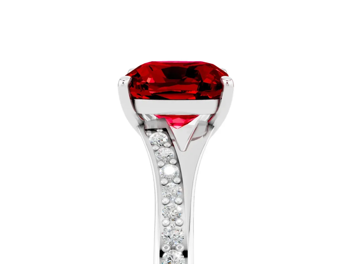 Cushion Cut Ruby Solitaire Ring with Pavé Band and Prong Setting Silver