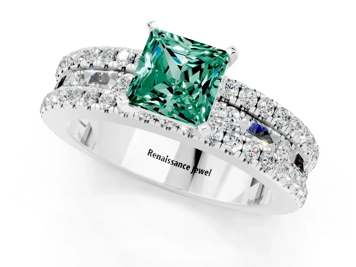 Princess Cut Green Sapphire Solitaire Ring with Pavé and Channel Set Band White gold