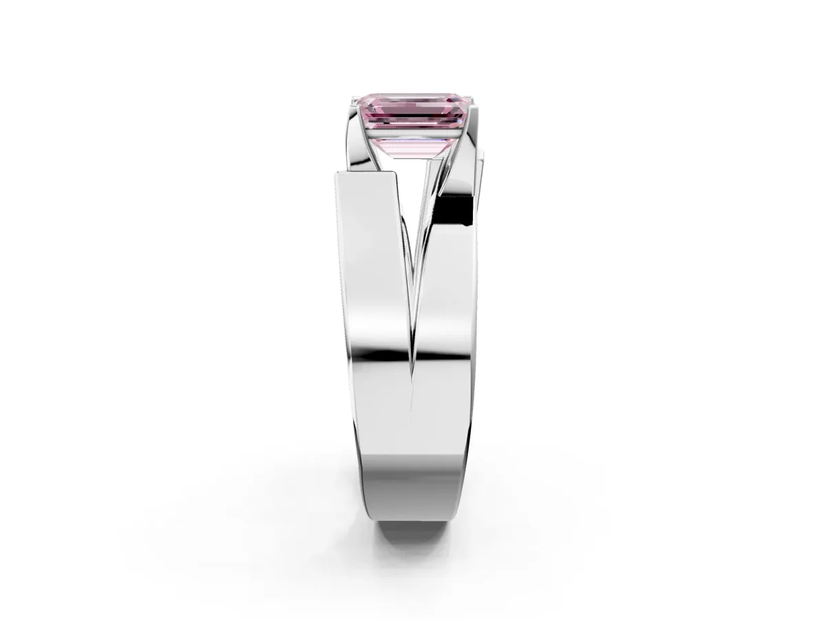 Fancy Pink Modern Tension Set Emerald Cut Diamond Solitaire Wide Band Ring Silver