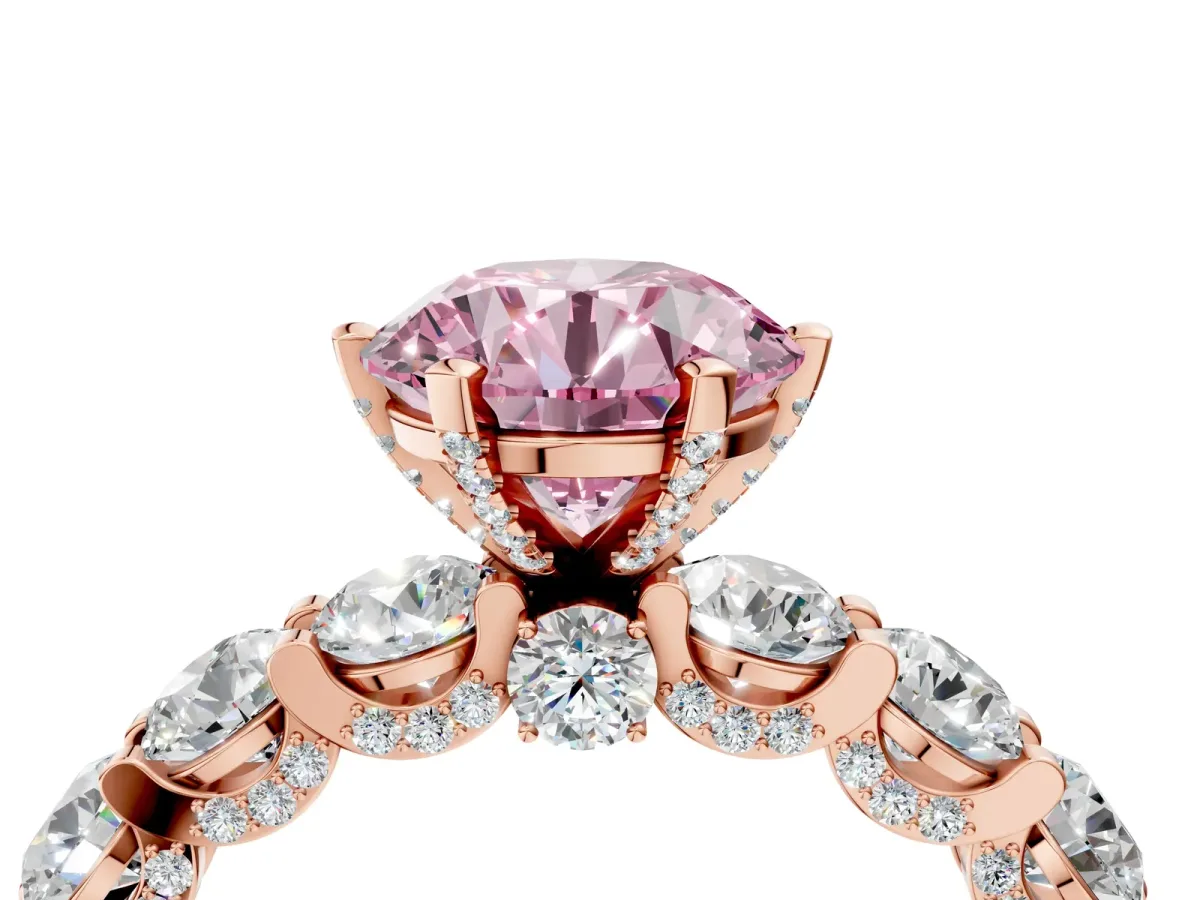 Fancy Pink Round Cut Diamond Side Stone Engagement Ring with Four-Prong Setting Rose gold