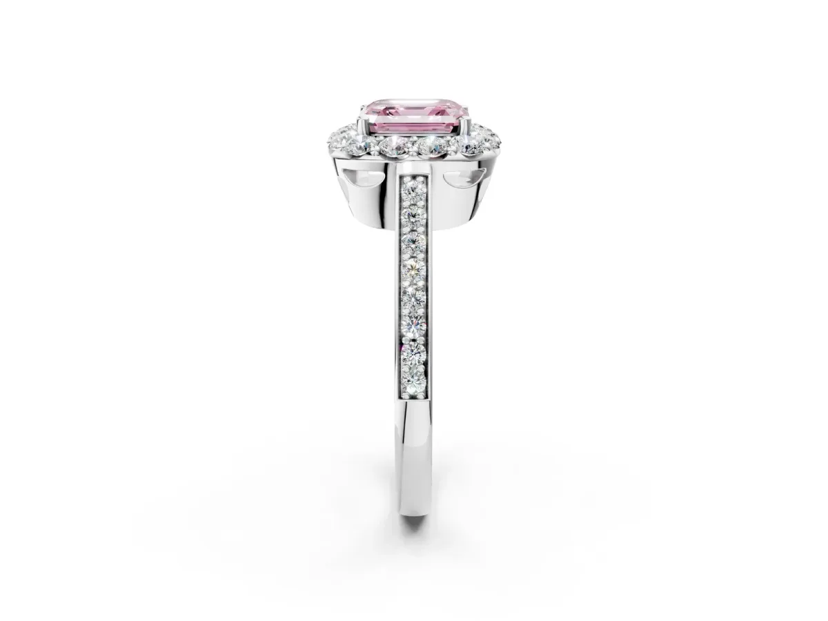 Fancy Pink Asscher Cut Diamond Floral Halo Ring with Pavé Band and Prong Setting Platinum