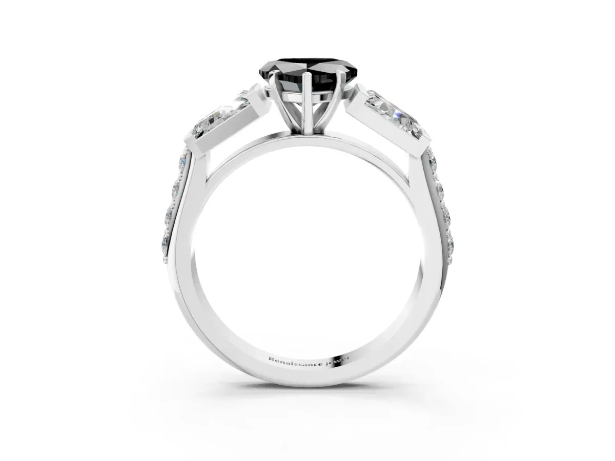 Fancy Black Heart Cut Diamond Engagement Ring with Baguette Side Stones and Channel Set Band Platinum