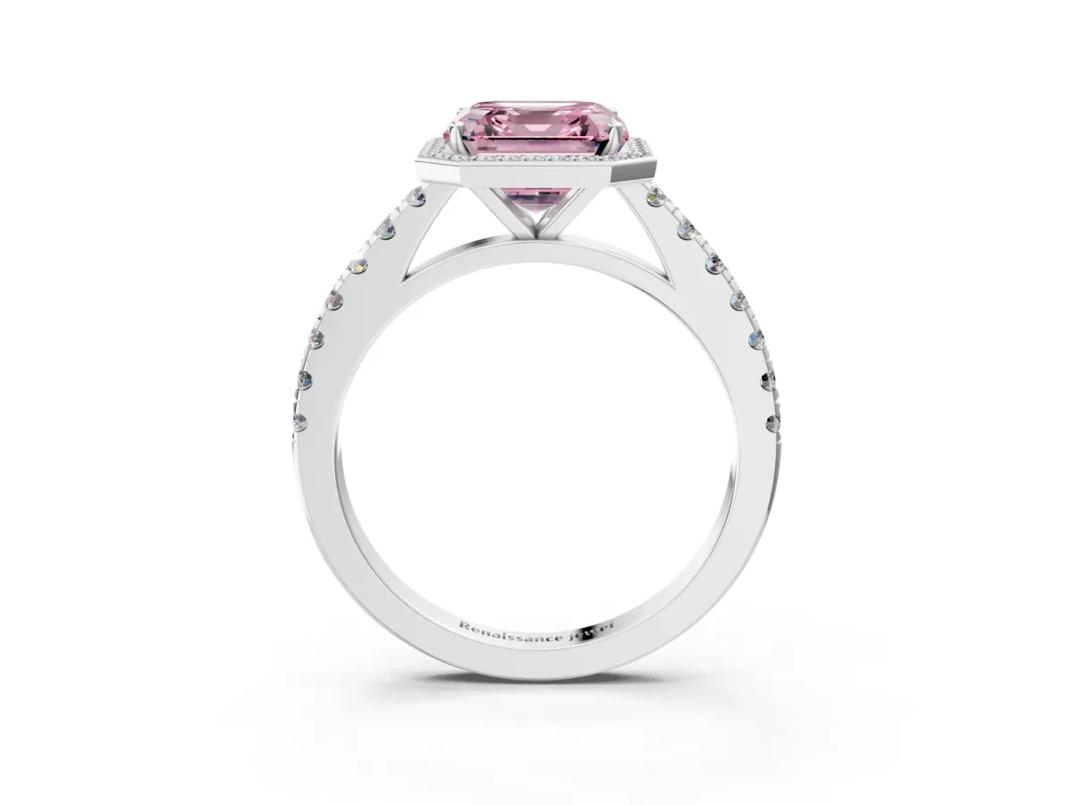 Fancy Pink Asscher Cut Cut Halo Diamond Engagement Ring with Pave Band and Four-Prong Setting Platinum