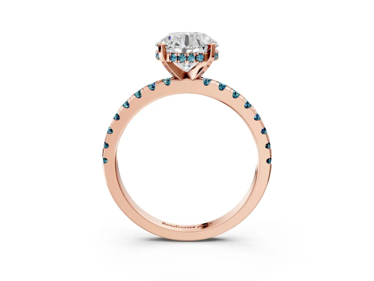 Round Cut Diamond Solitaire Ring with Round Blue Topaz Pavé Band and Four-Prong Setting Rose gold