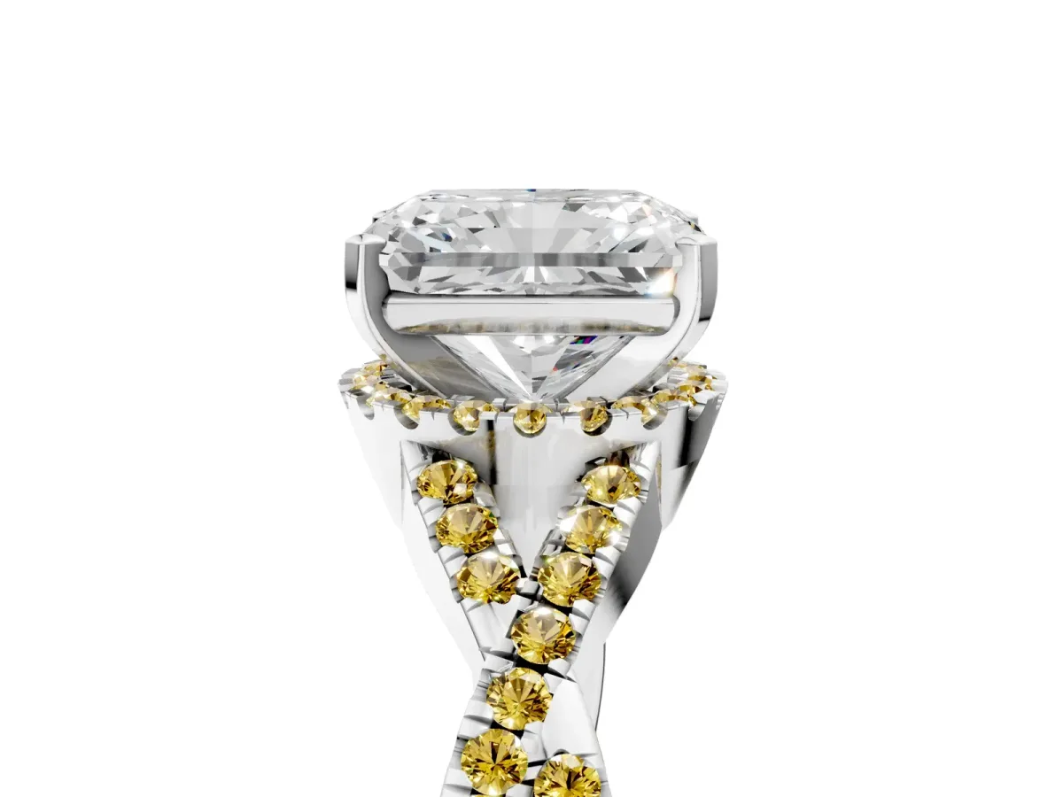 Radiant Cut Diamond Yellow Sapphire Halo Twist Band Solitaire Prong Setting Ring White gold