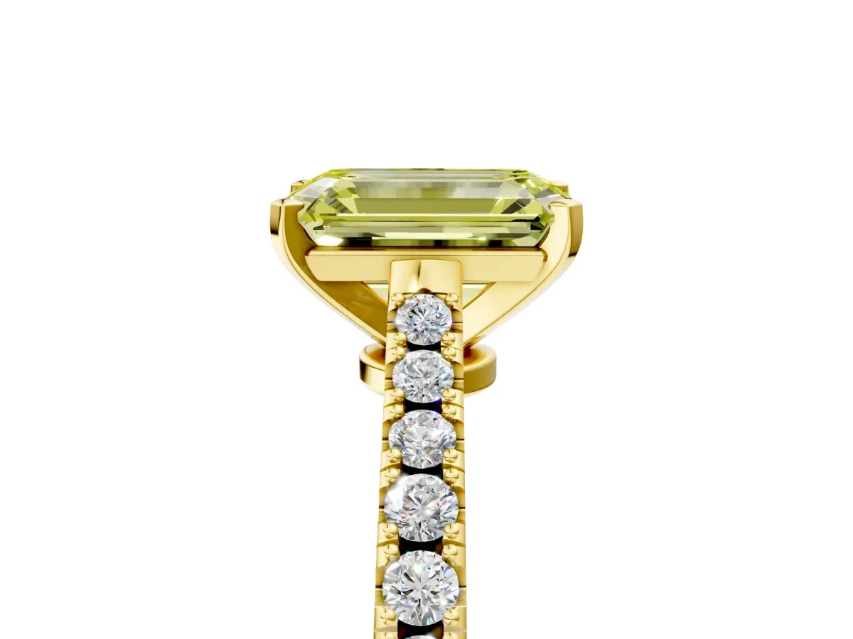 Fancy Yellow Emerald Cut Cut Solitaire Diamond Engagement Ring with Pave Band and Four-Prong Setting Yellow gold