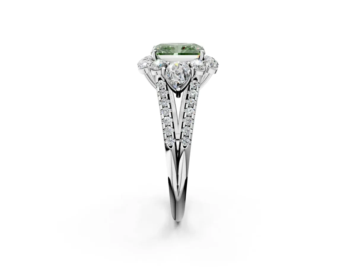 Fancy Green Radiant Cut Halo Split Shank Diamond Engagement Ring with Prong Setting Platinum