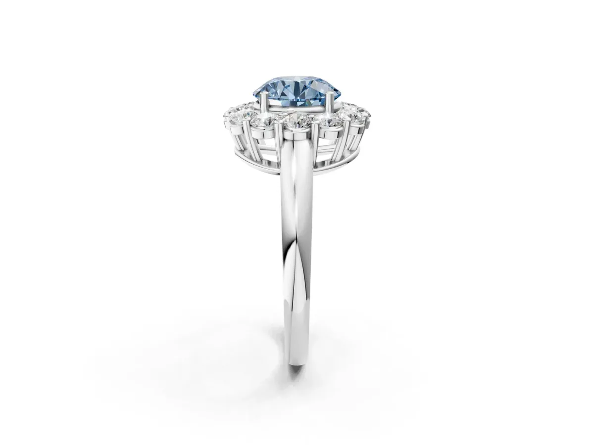 Fancy Blue Round Cut Halo Cluster Diamond Engagement Ring with Prong Setting and Polished Band White gold