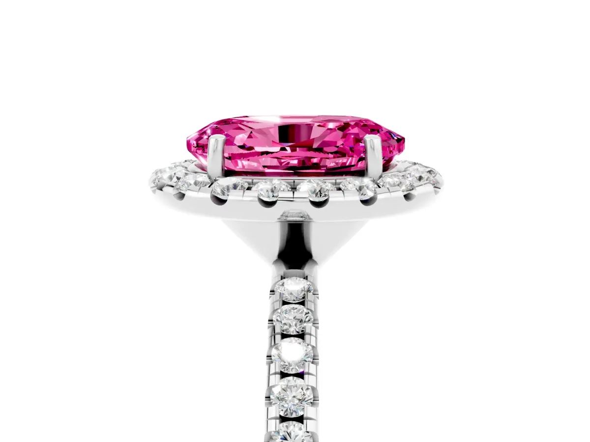 Oval Cut Pink Sapphire Halo Ring with Round Pavé Band and Prong Setting White gold