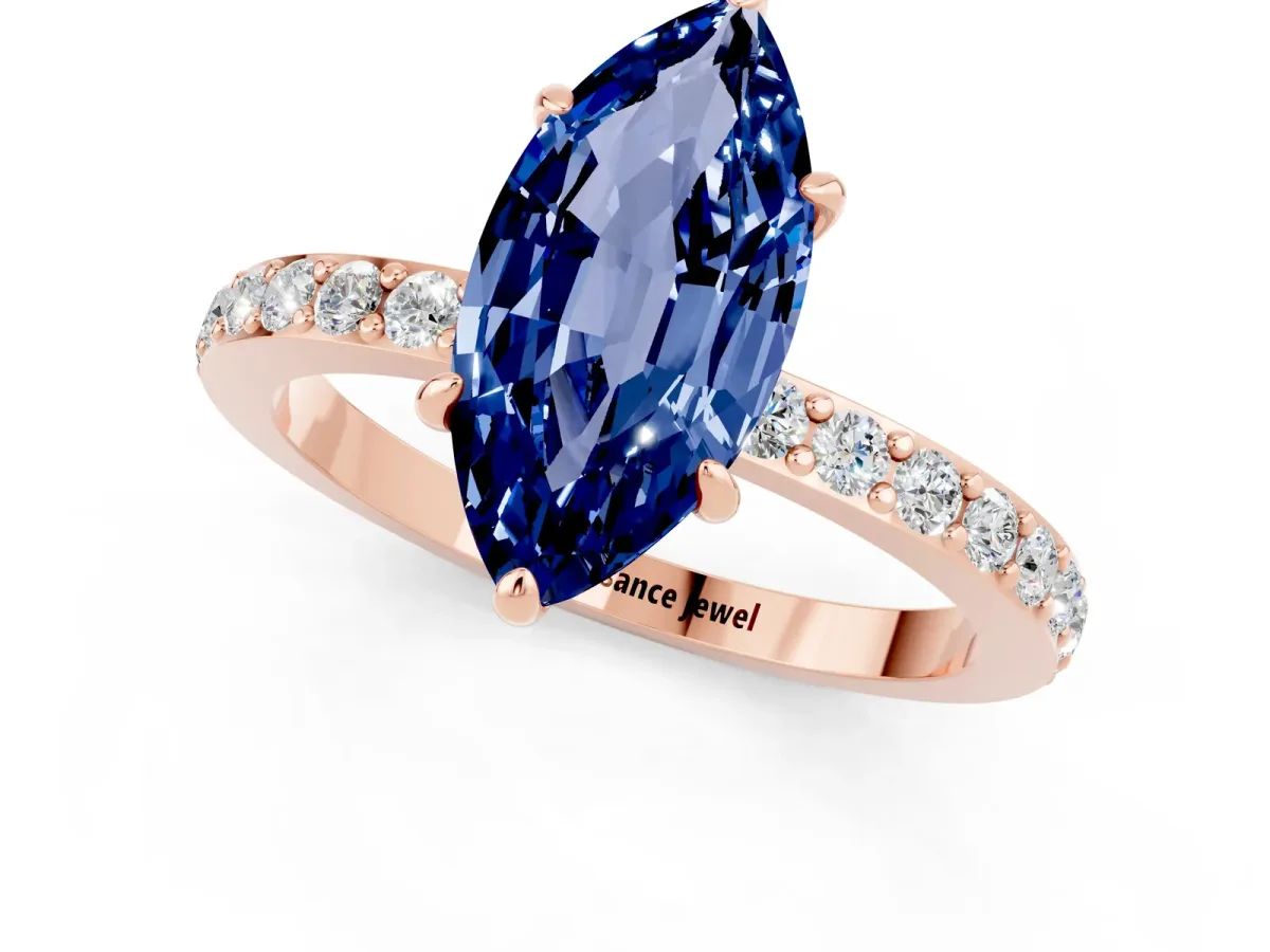 Marquise Cut Blue Sapphire Solitaire Engagement Ring with Pavé Band and Four-Prong Setting Rose gold