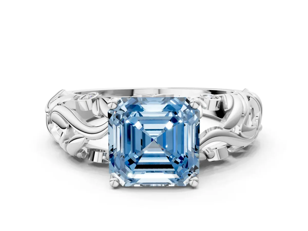 Fancy Blue Asscher Cut Solitaire Diamond Leaf-Inspired Vine Band Ring with Prong Setting Platinum