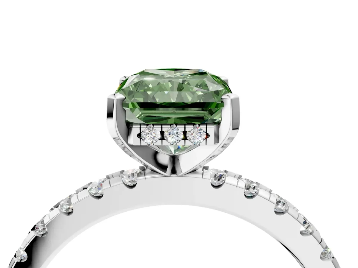 Fancy Green Radiant Cut Diamond Solitaire Ring with Round Pavé Band and Four-Prong Setting White gold