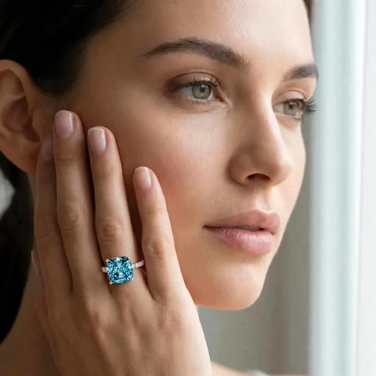 Cushion Cut Blue Topaz Solitaire Ring with Round Pavé Band and Four-Prong Setting Rose gold