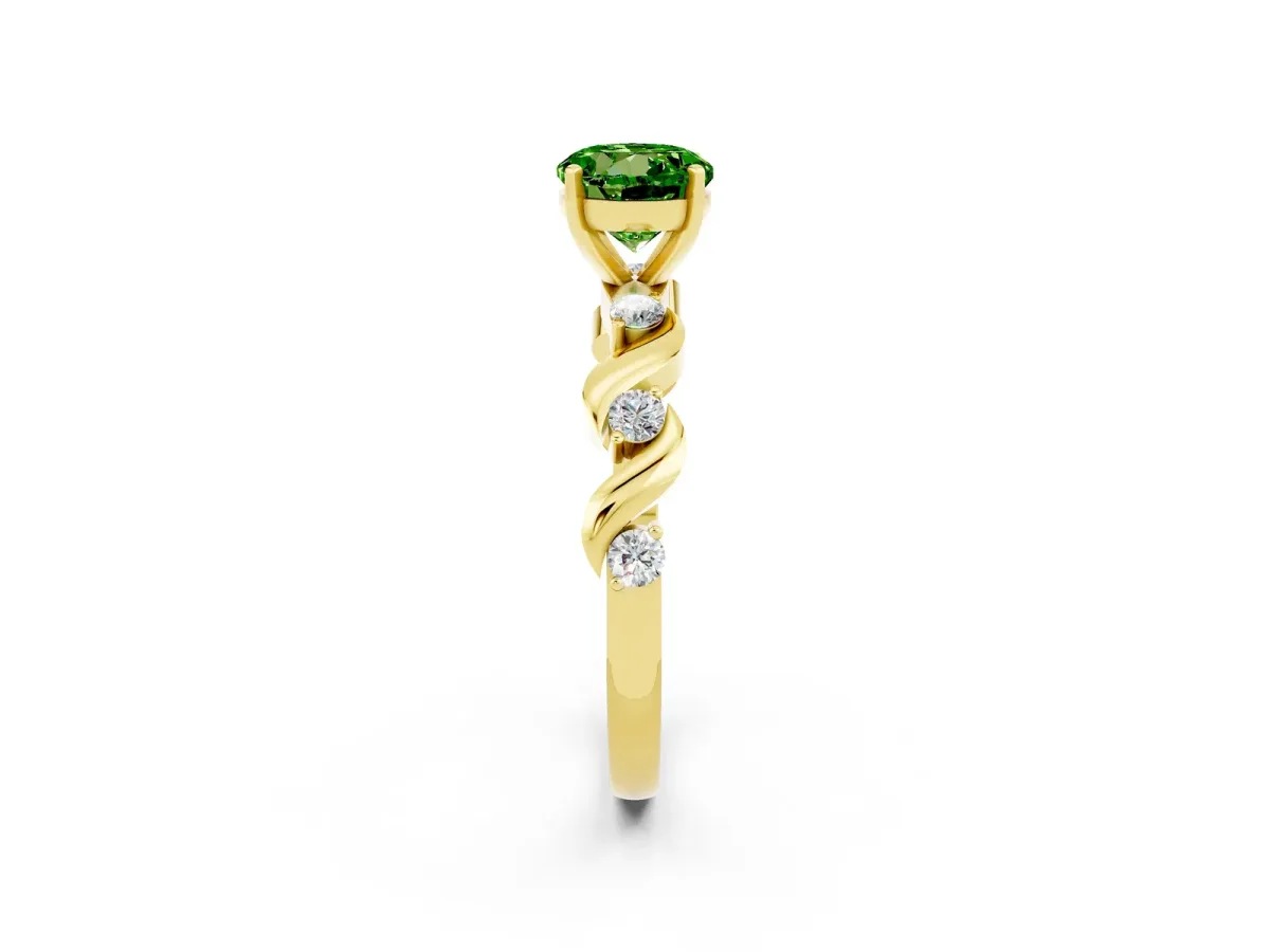 Round Cut Peridot Solitaire Twisted Band with Round Accents and Prong Setting Yellow gold
