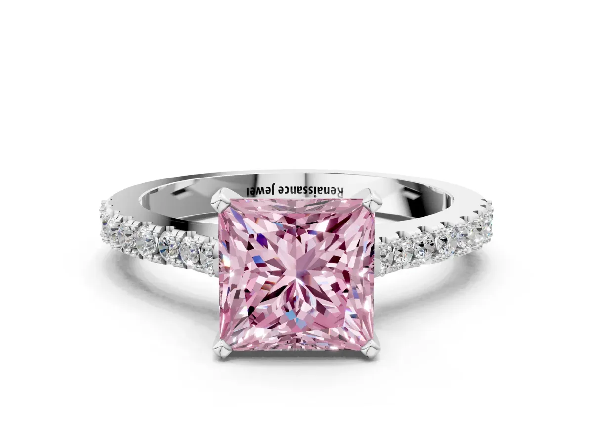 Fancy Pink Princess Cut Cut Solitaire Diamond Engagement Ring with Pave Band and Four-Prong Setting White gold