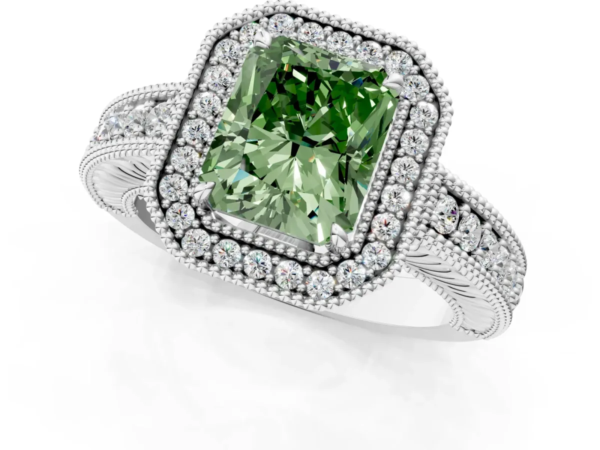 Fancy Green Radiant Cut Cut Halo Diamond Ring with Pavé Band and Four-Prong Setting Platinum