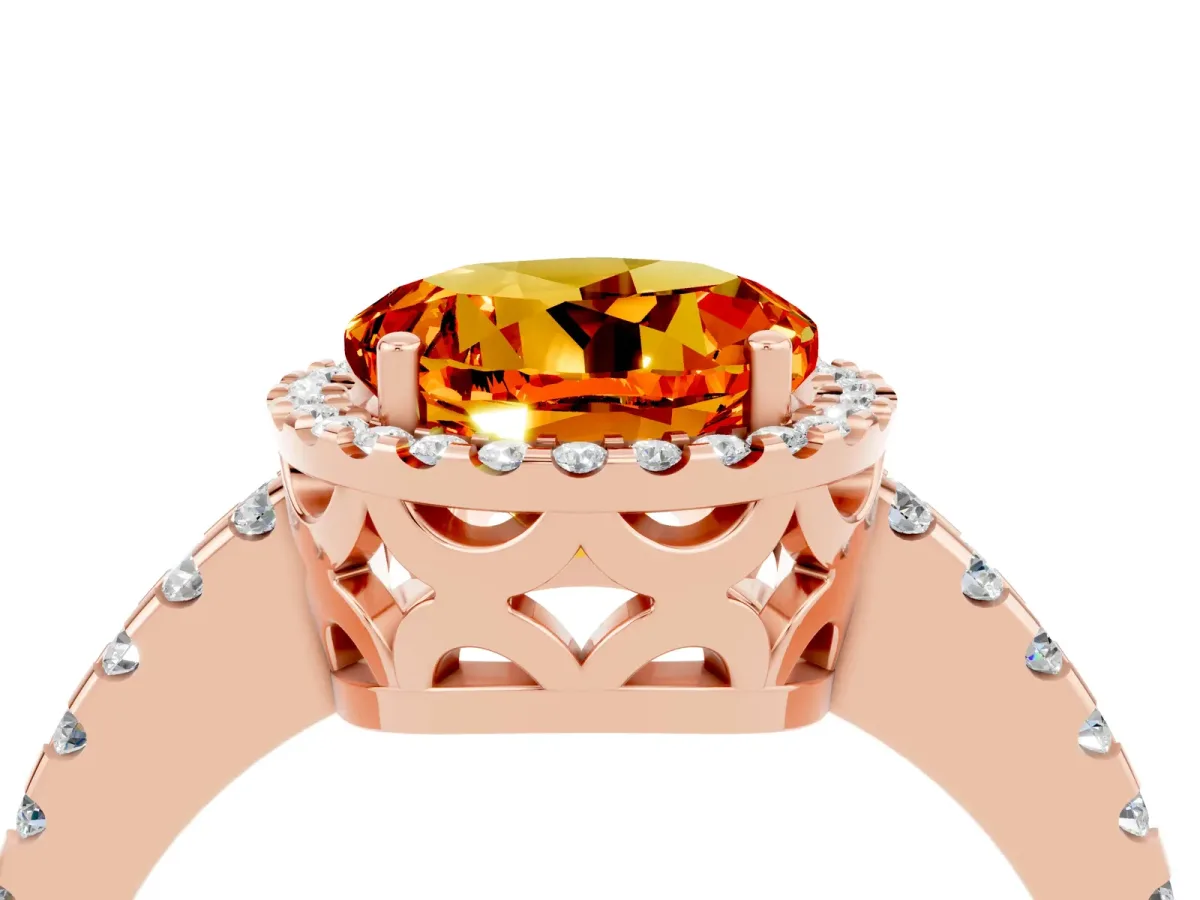Round Cut Citrine Halo Engagement Ring with Pavé Band and Prong Setting Rose gold