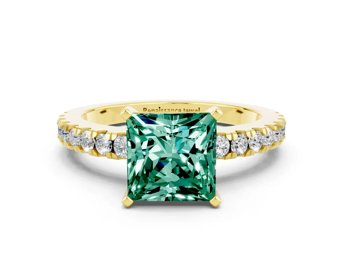 Princess Cut Solitaire Green Sapphire with Pavé Band and Four-Prong Setting Yellow gold