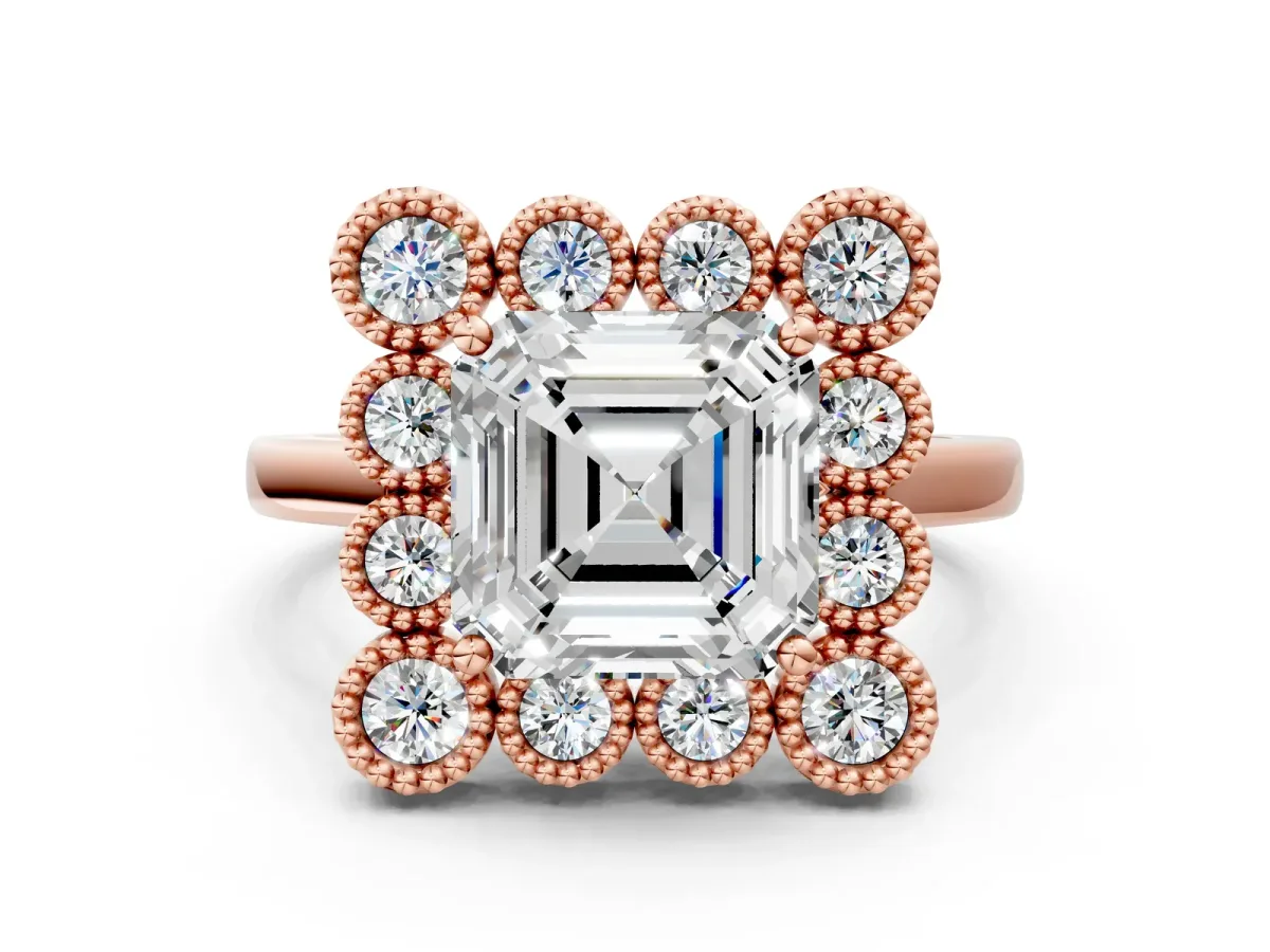 Asscher Cut Halo Diamond Cluster Engagement Ring with Milgrain Bezel Setting and Solitaire Band Rose gold