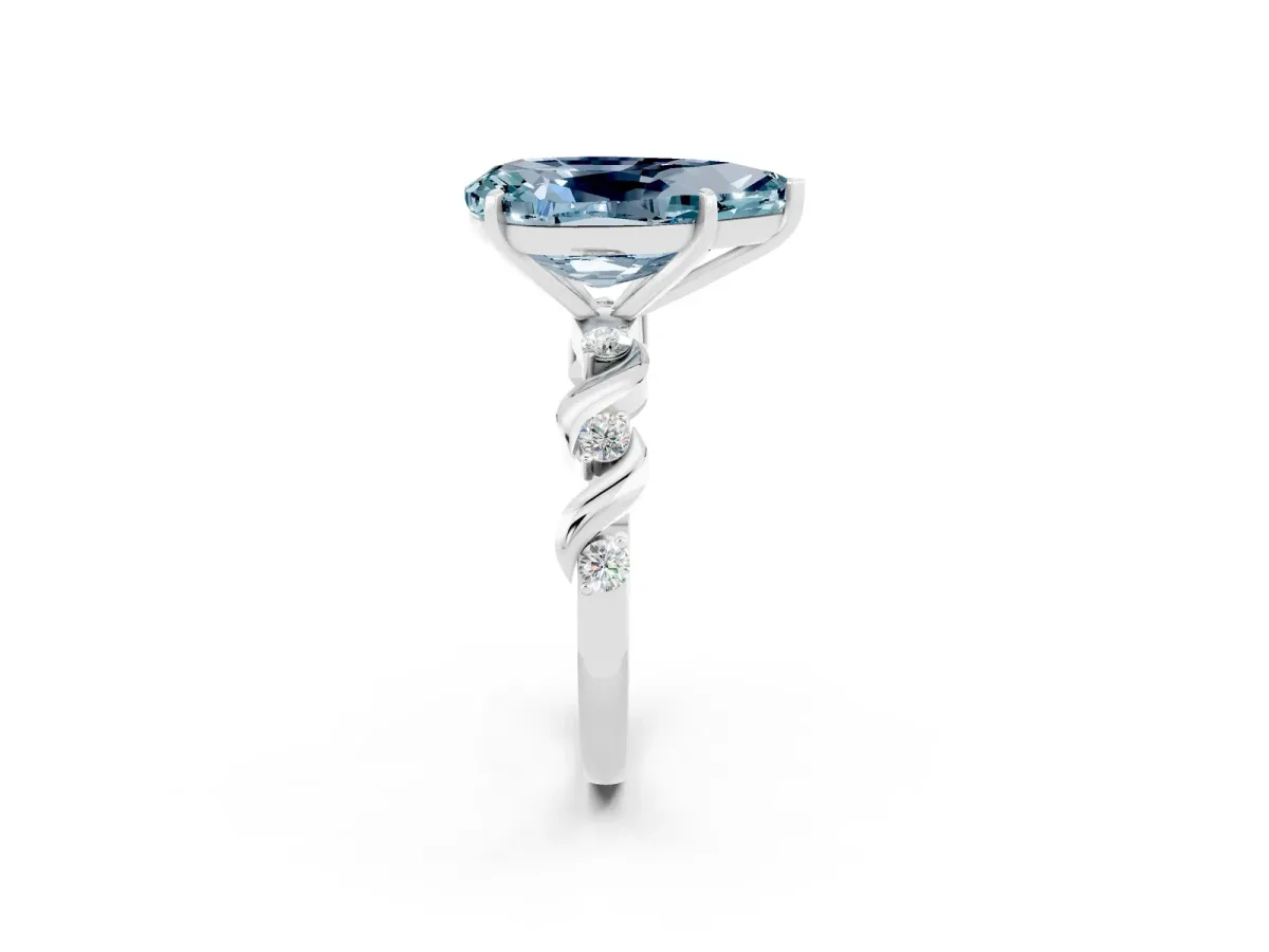 Pear Cut Aquamarine Solitaire Twisted Band with Round Accents and Prong Setting White gold