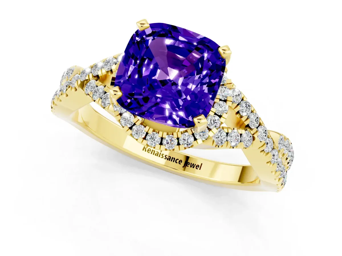 Cushion Cut Tanzanite Halo Twist Band Solitaire Prong Setting Ring Yellow gold
