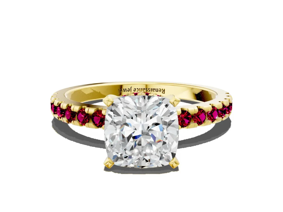 Cushion Cut Diamond Solitaire Ring with Round Garnet Pavé Band and Four-Prong Setting Yellow gold