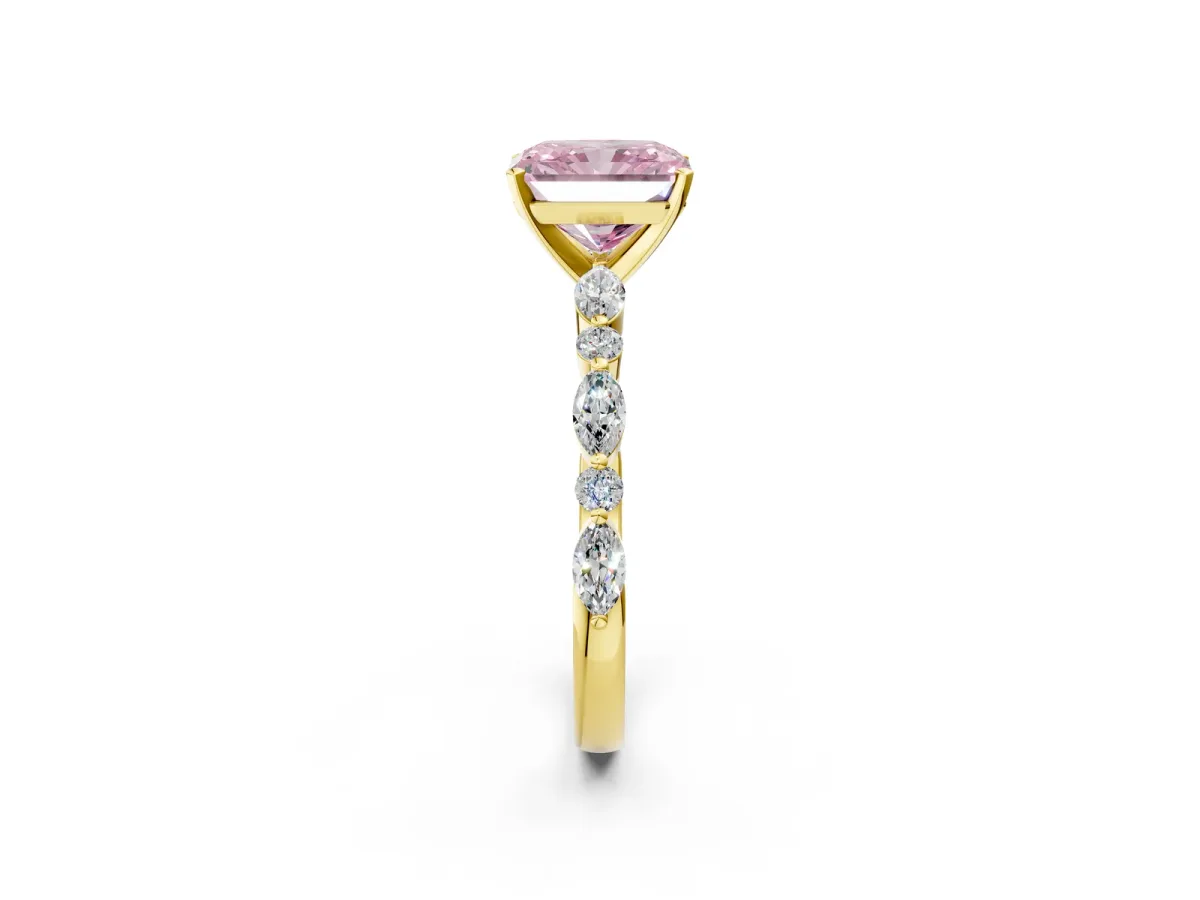 Fancy Pink Radiant Cut Diamond Ring with Marquise and Round Side Stones and Four-Prong Setting Yellow gold