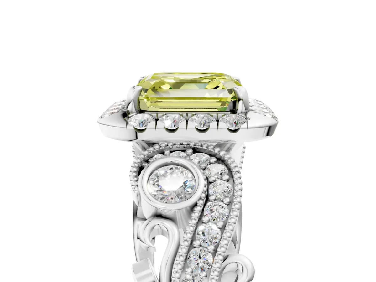Fancy Yellow Asscher Cut Diamond Halo Ring with Milgrain Pavé Band and Four-Prong Setting White gold