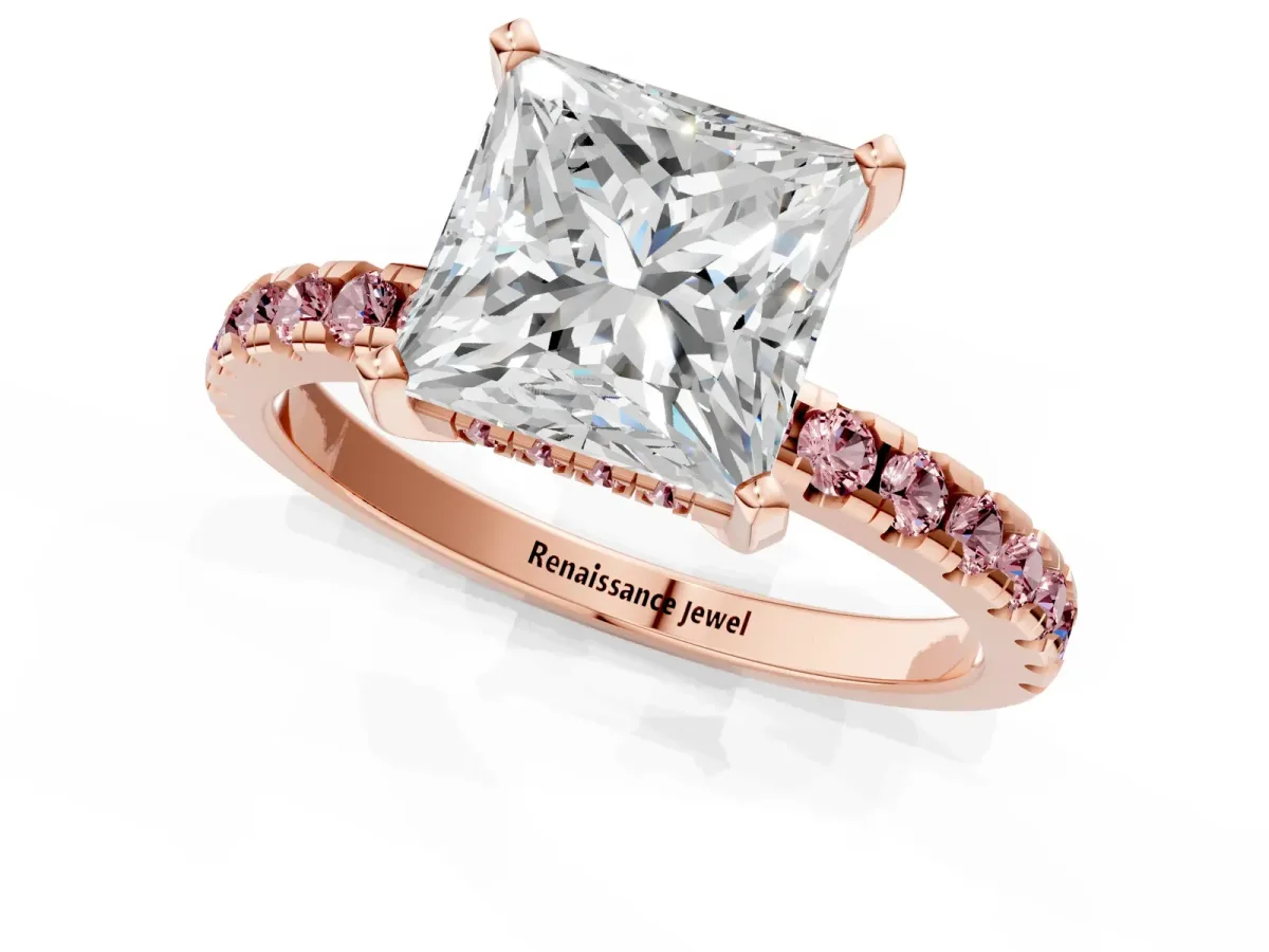 Princess Cut Diamond Solitaire Ring with Round Morganite Pavé Band and Four-Prong Setting Rose gold