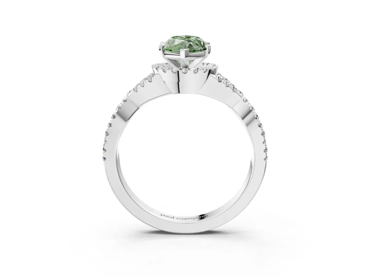 Fancy Green Heart Cut Diamond Halo Twist Band Solitaire Prong Setting Ring White gold