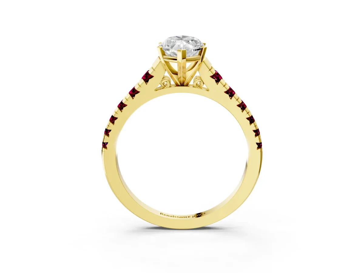 Marquise Cut Diamond Cathedral Solitaire Ring with Round Garnet Pavé Band Yellow gold