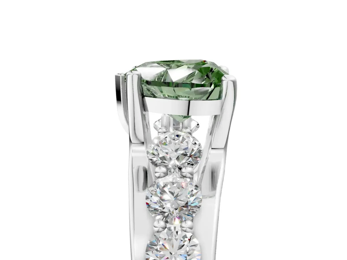 Fancy Green Heart Cut Brilliant Solitaire with Side Stones on a Pave Band and Four-Prong Setting Platinum