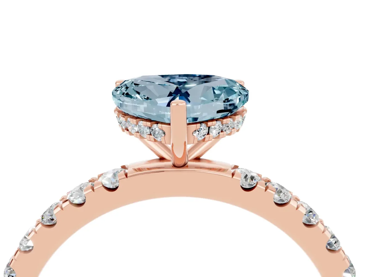 Heart Cut Aquamarine Pave Band Solitaire Ring with Round and Prong Setting Rose gold