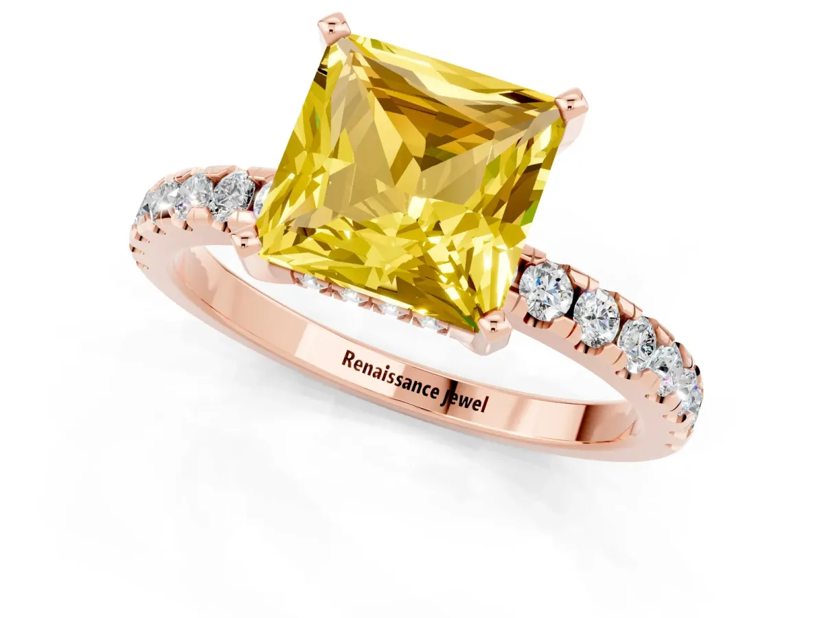 Princess Cut Yellow Sapphire Solitaire Ring with Round Pavé Band and Four-Prong Setting Rose gold