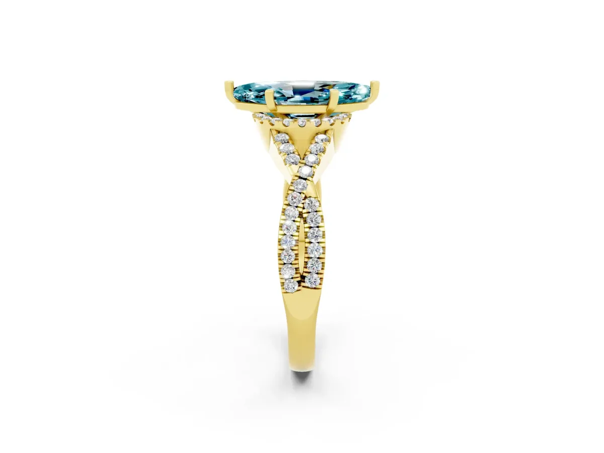 Marquise Cut Blue Topaz Halo Twist Band Solitaire Prong Setting Ring Yellow gold