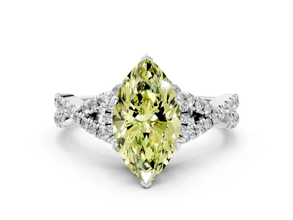 Fancy Yellow Marquise Cut Diamond Halo Twist Band Solitaire Prong Setting Ring White gold