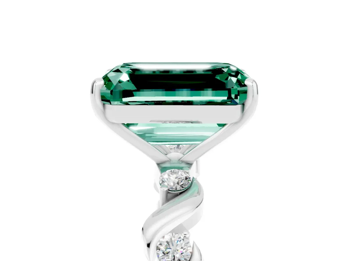 Emerald Cut Green Sapphire Solitaire Twisted Band with Round Accents and Prong Setting White gold